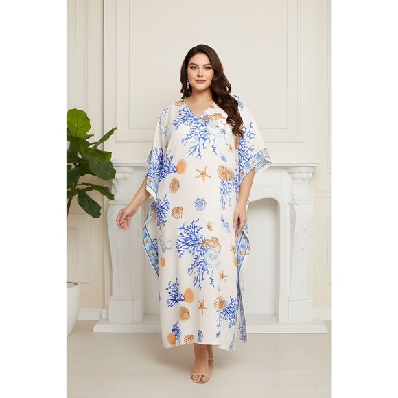 Women Plus Size Fit and Flare White Polyester Kaftan Maxi Dress by Gypsie Blu - Picture 1 of 9